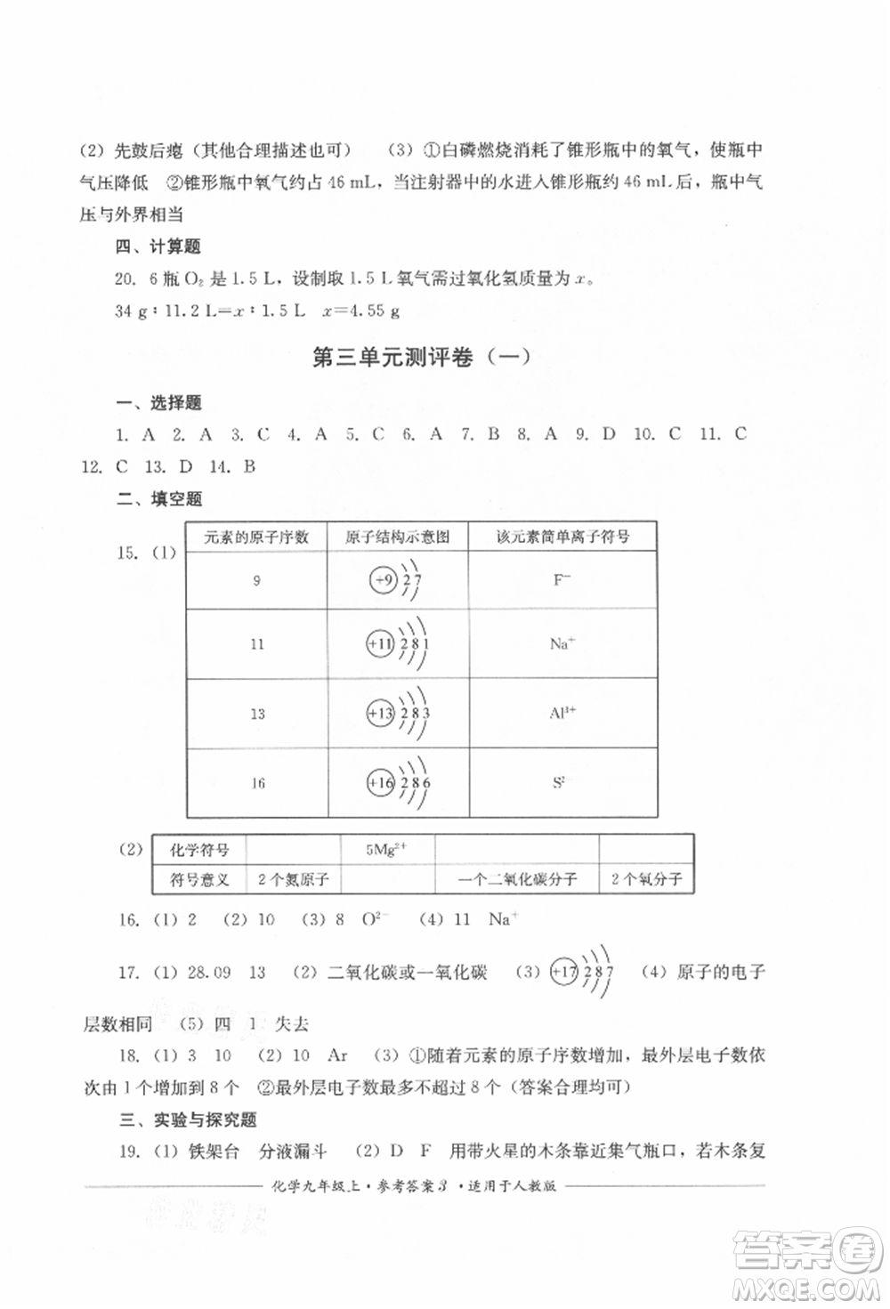 四川教育出版社2021單元測評九年級化學上冊人教版參考答案