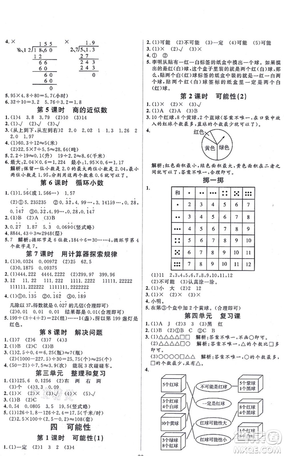 延邊教育出版社2021每時(shí)每刻快樂優(yōu)+作業(yè)本五年級(jí)數(shù)學(xué)上冊(cè)RJ人教版答案