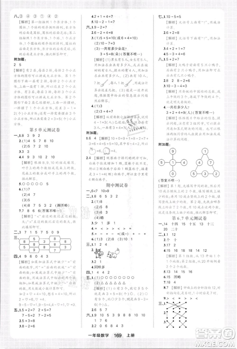 西安出版社2021狀元成才路狀元作業(yè)本一年級數(shù)學(xué)上冊人教版參考答案