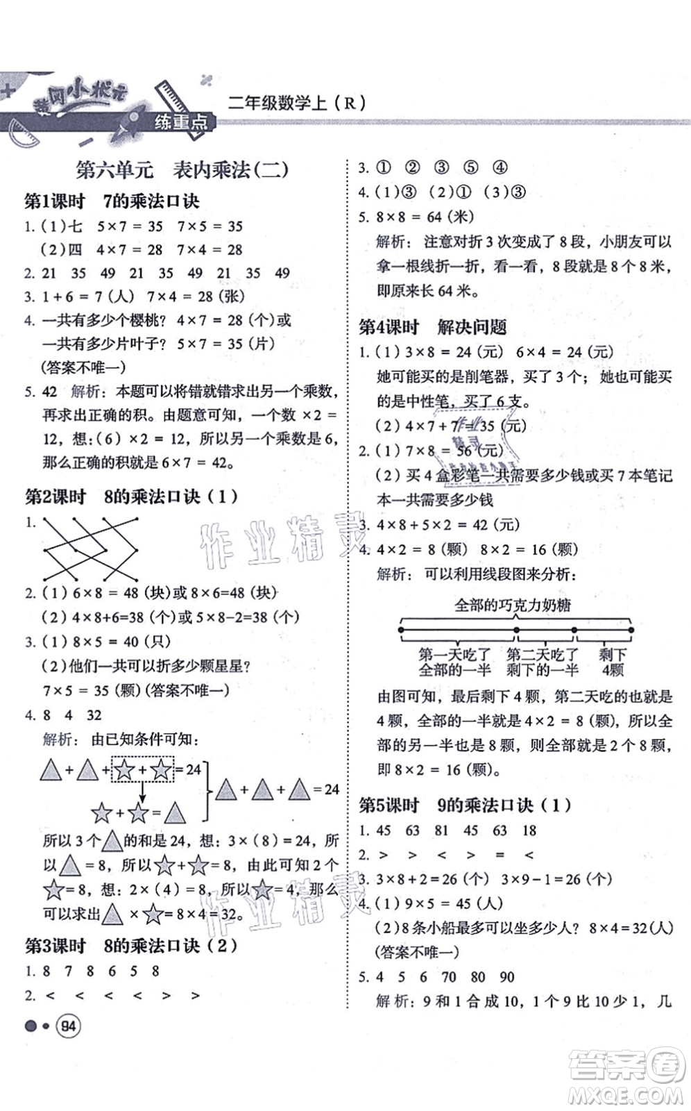 龍門書局2021黃岡小狀元練重點培優(yōu)同步練習二年級數學上冊R人教版答案