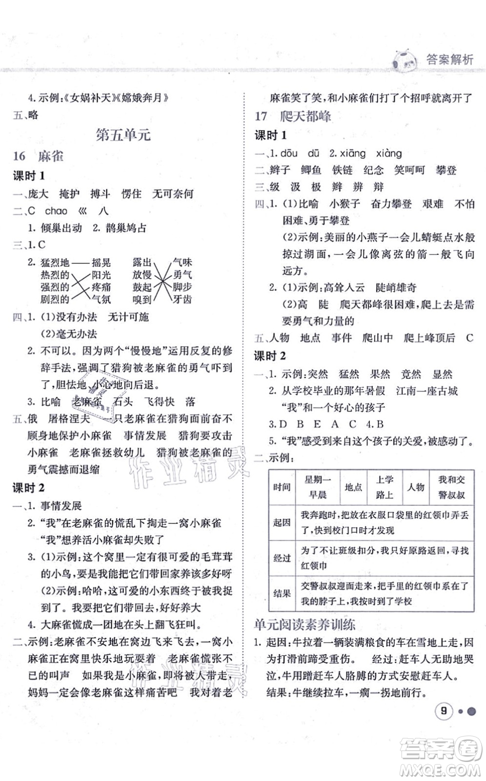 龍門書局2021黃岡小狀元練重點(diǎn)培優(yōu)同步練習(xí)四年級語文上冊R人教版答案