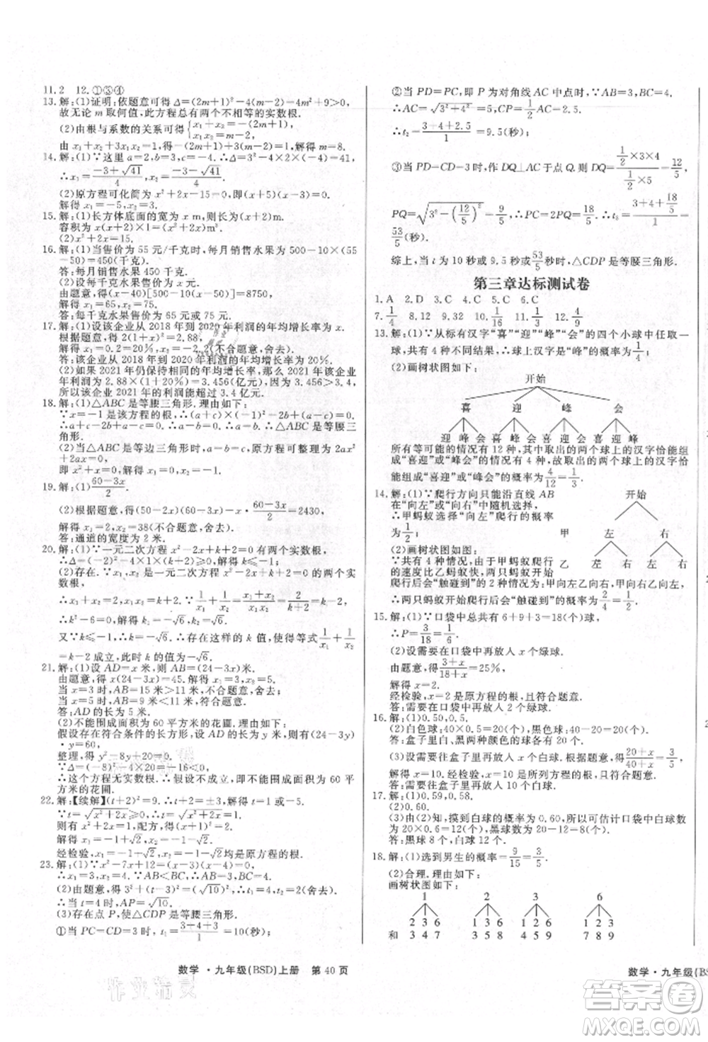 東方出版社2021贏在新課堂九年級數(shù)學(xué)上冊北師大版江西專版參考答案