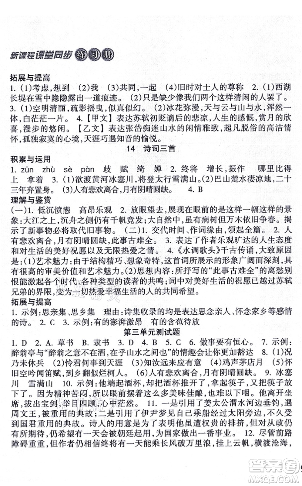 南方出版社2021新課程課堂同步練習(xí)冊九年級語文上冊人教版答案