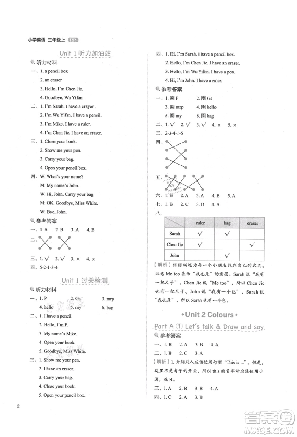 浙江教育出版社2021新東方優(yōu)學(xué)練三年級英語上冊人教版參考答案