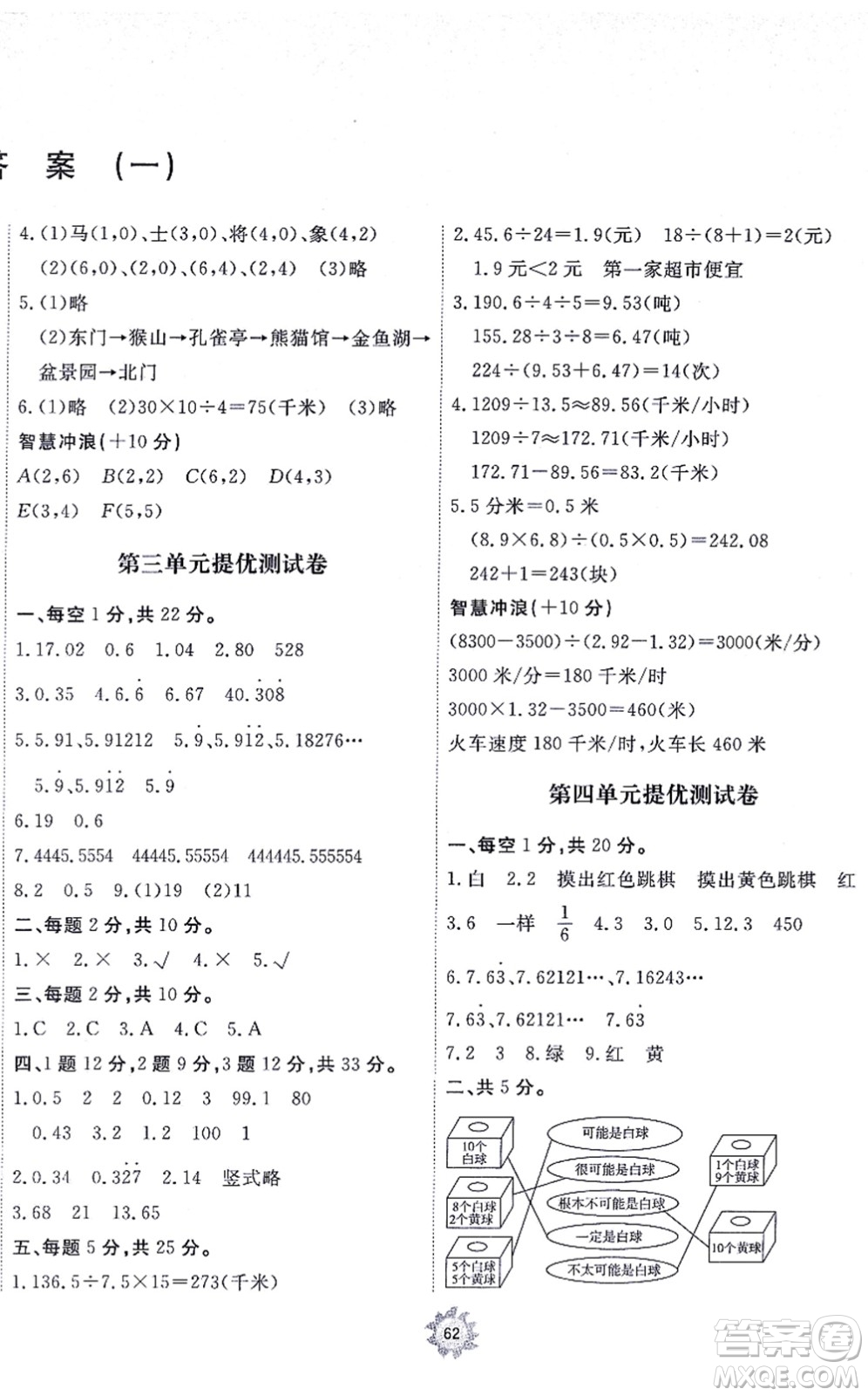 山東友誼出版社2021小學(xué)同步練習(xí)冊提優(yōu)測試卷五年級數(shù)學(xué)上冊RJ人教版答案