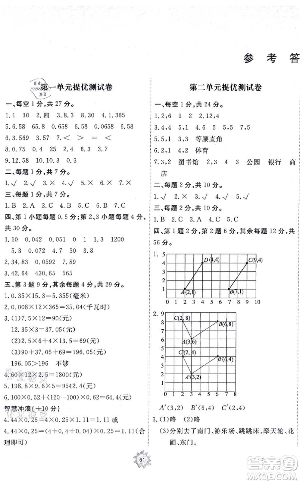 山東友誼出版社2021小學(xué)同步練習(xí)冊提優(yōu)測試卷五年級數(shù)學(xué)上冊RJ人教版答案