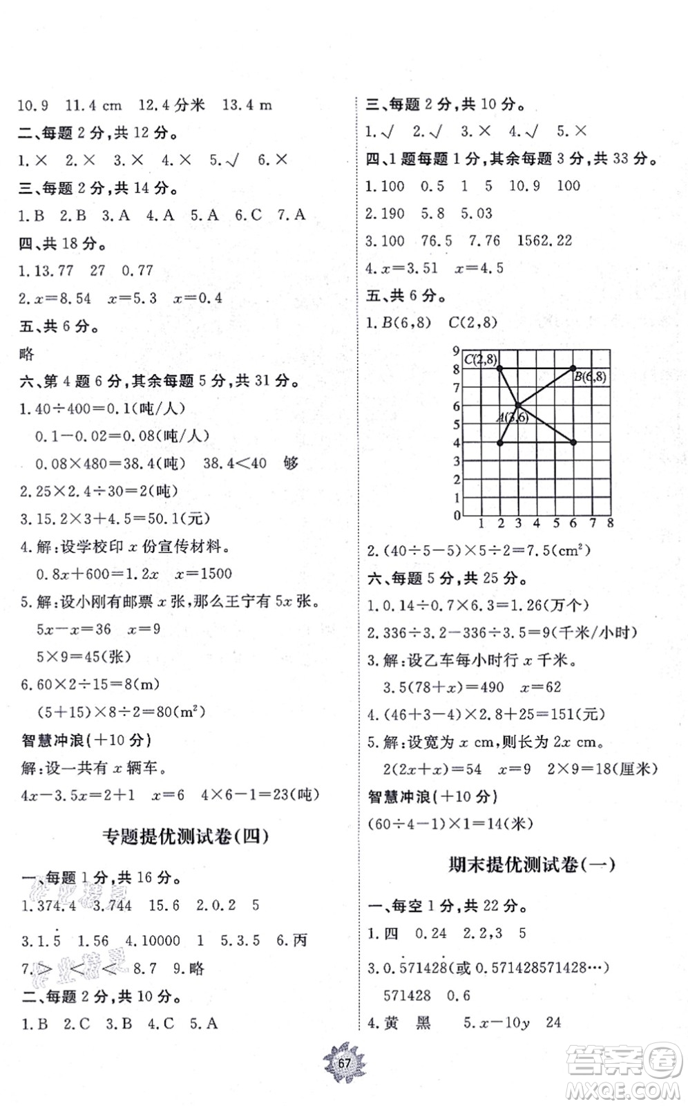 山東友誼出版社2021小學(xué)同步練習(xí)冊提優(yōu)測試卷五年級數(shù)學(xué)上冊RJ人教版答案