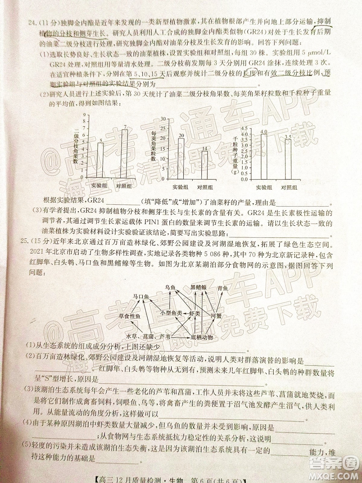 2022屆九師聯盟高三新高考12月質量檢測全國卷生物試題及答案