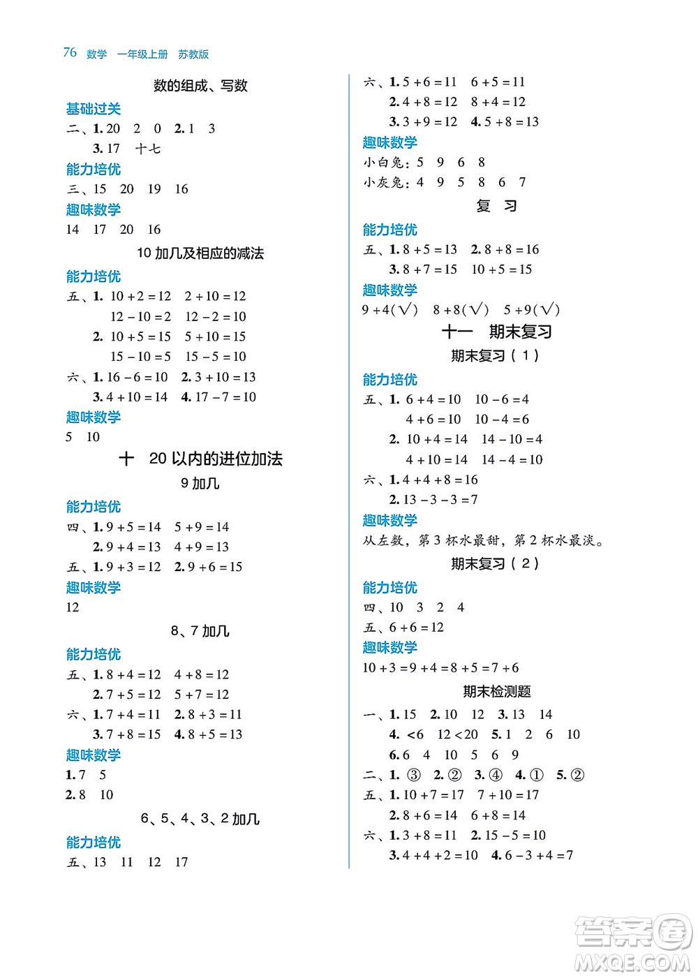 湖南教育出版社2021學(xué)法大視野一年級(jí)數(shù)學(xué)上冊(cè)蘇教版答案