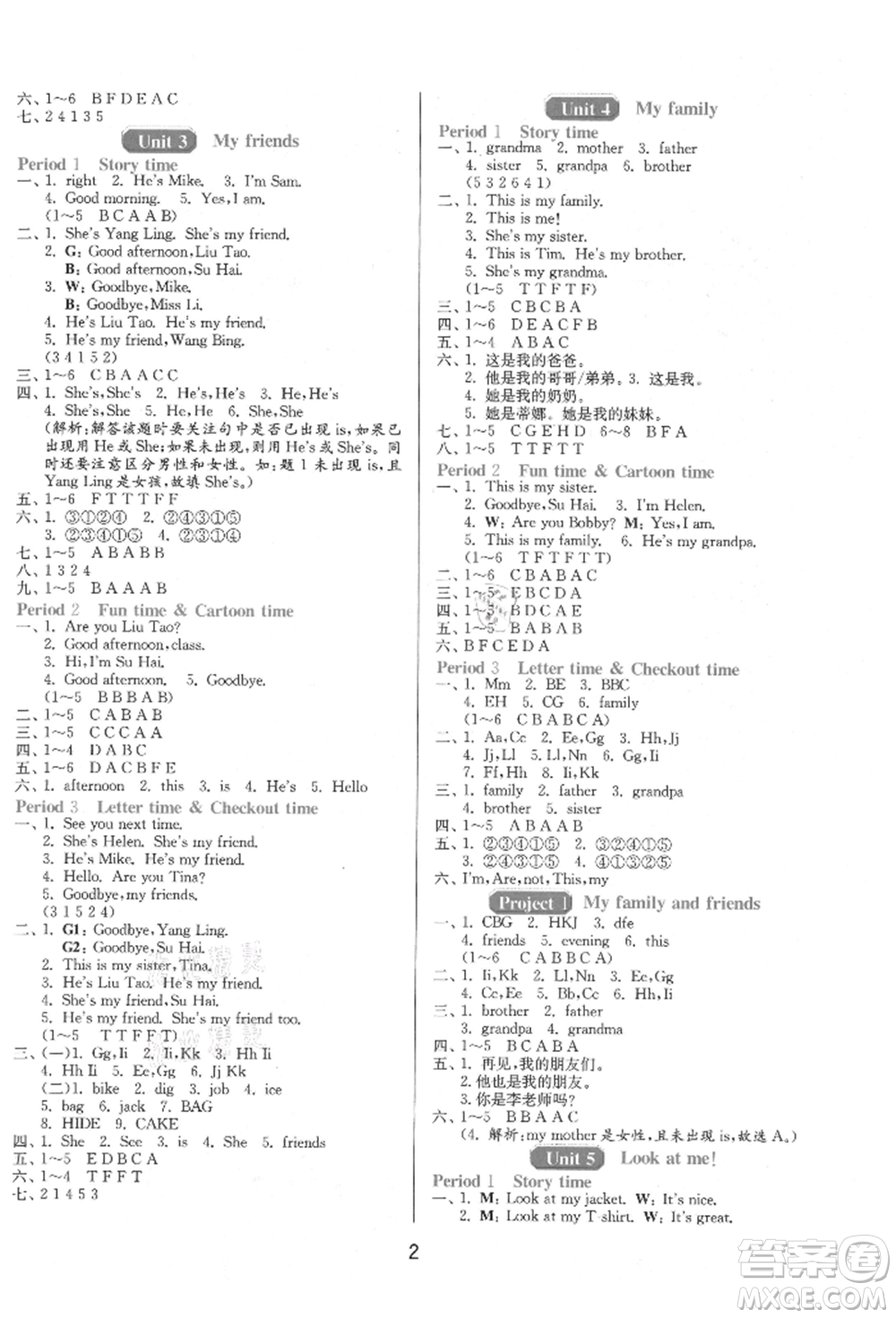 江蘇人民出版社2021年1課3練單元達(dá)標(biāo)測試三年級起點(diǎn)三年級英語上冊譯林版參考答案