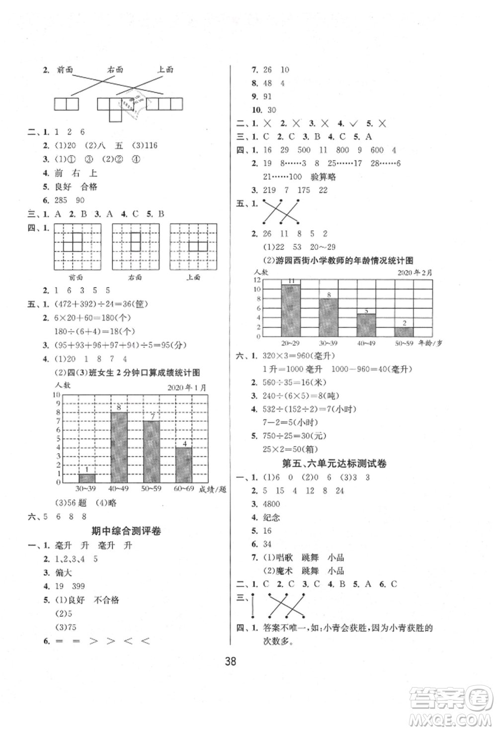 江蘇人民出版社2021年1課3練單元達(dá)標(biāo)測(cè)試四年級(jí)上冊(cè)數(shù)學(xué)蘇教版參考答案