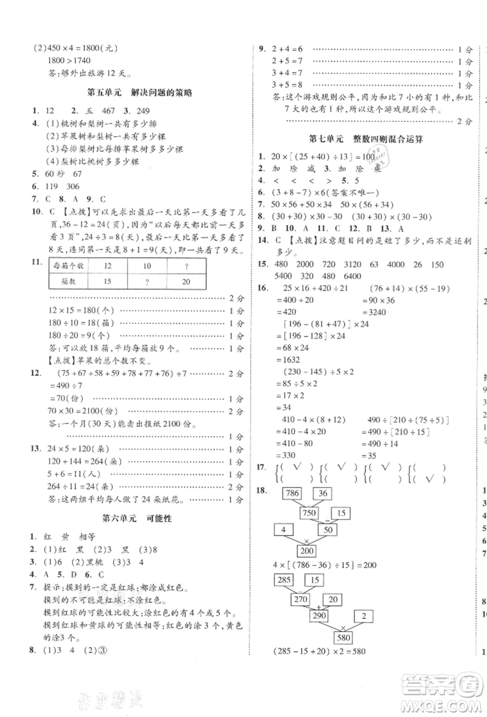 天津人民出版社2021全品小復(fù)習(xí)四年級數(shù)學(xué)上冊蘇教版江蘇專版參考答案