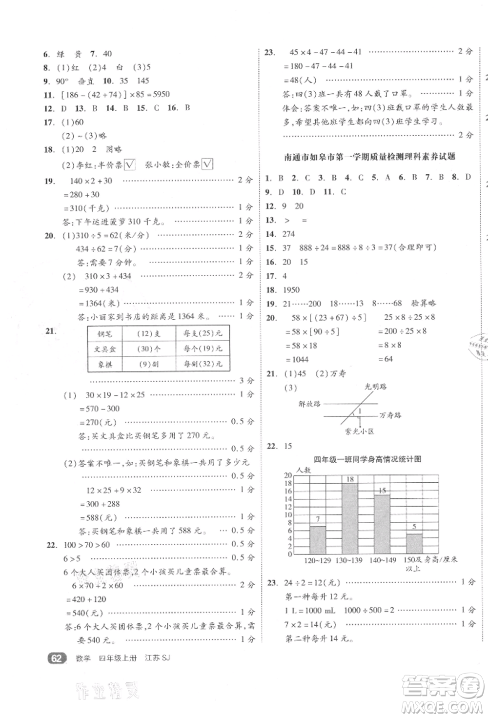 天津人民出版社2021全品小復(fù)習(xí)四年級數(shù)學(xué)上冊蘇教版江蘇專版參考答案