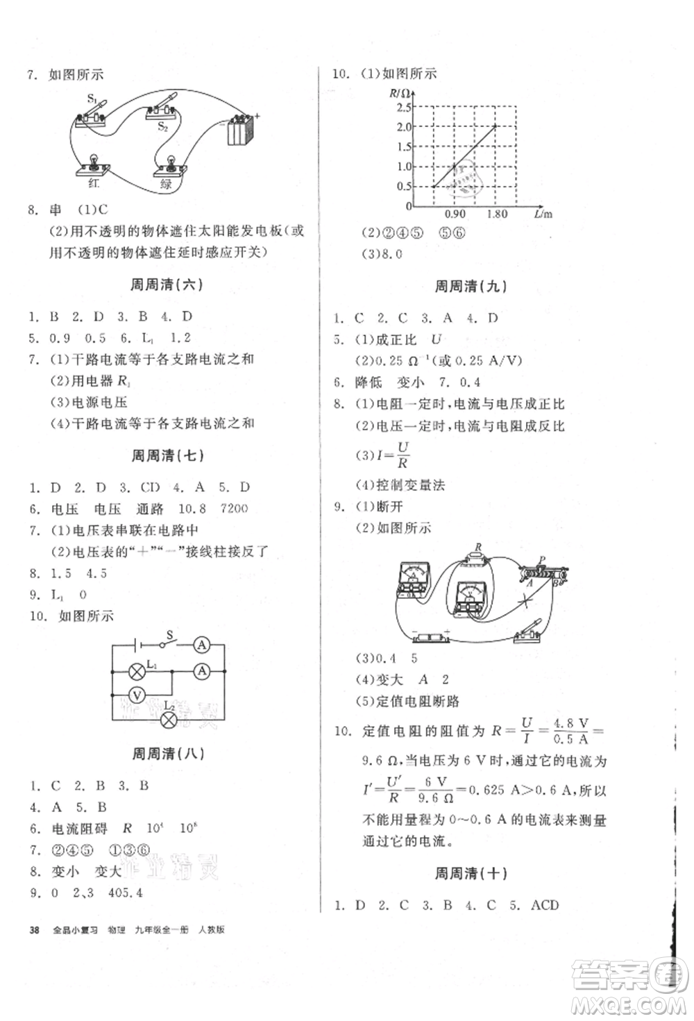 陽光出版社2021全品小復習九年級物理人教版參考答案