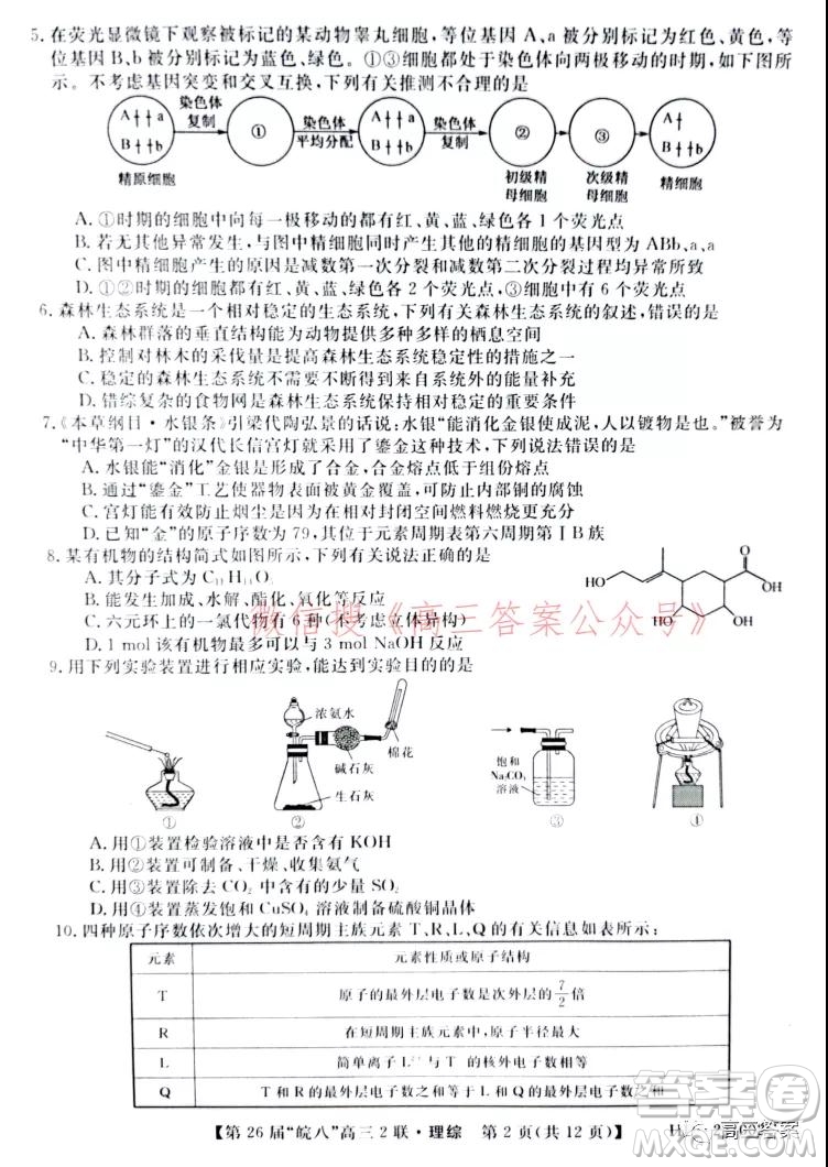 皖南八校2022屆高三第二次聯(lián)考理科綜合試題及答案