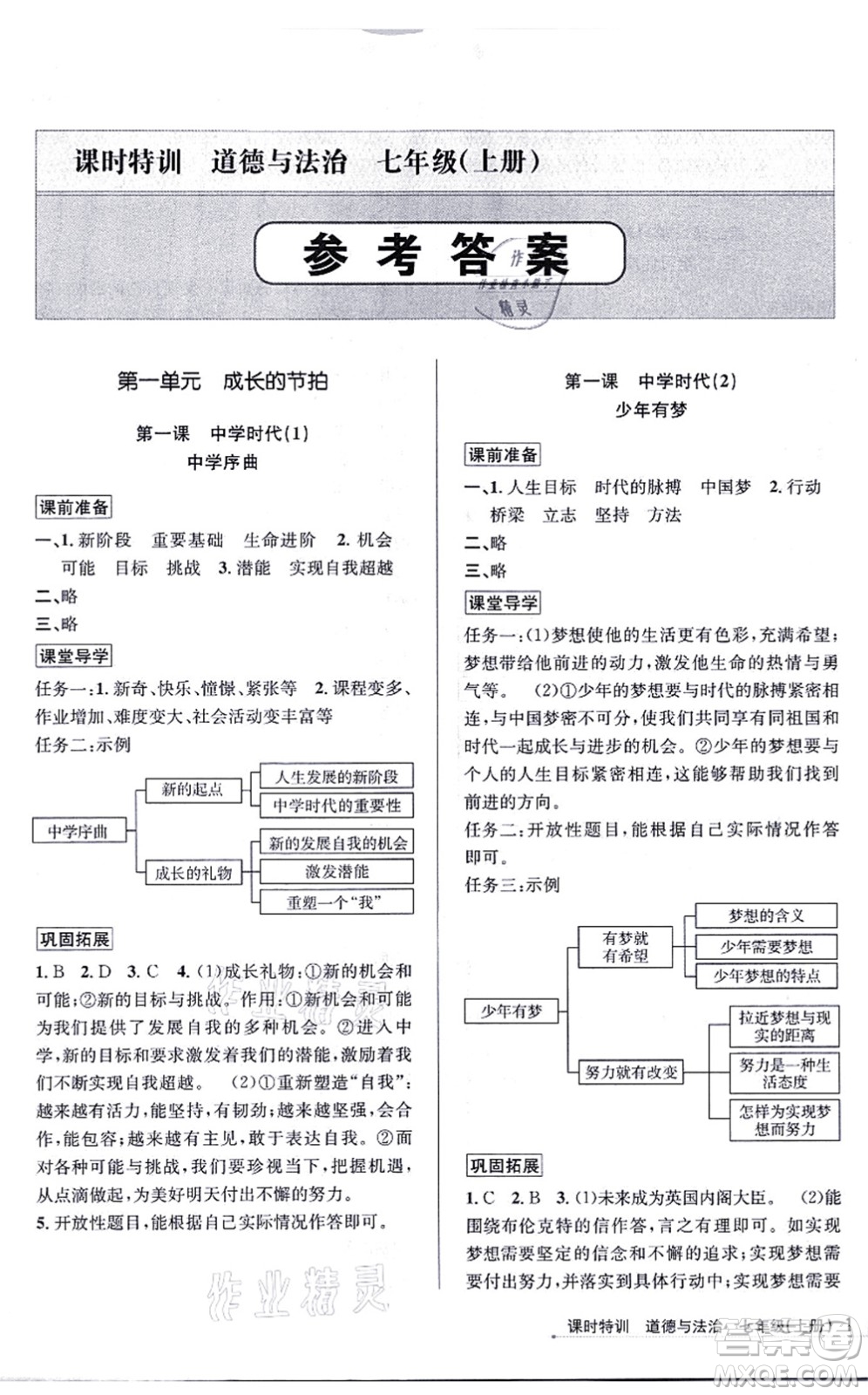 浙江人民出版社2021課時(shí)特訓(xùn)七年級(jí)道德與法治上冊(cè)人教版答案