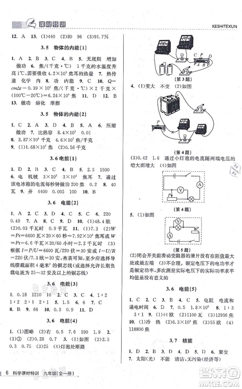 浙江人民出版社2021課時特訓九年級科學全一冊Z浙教版答案