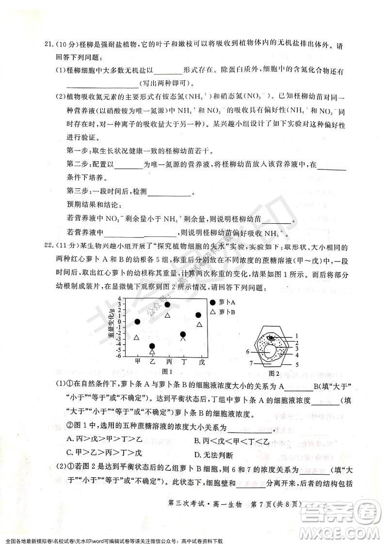 河北部分學校2021-2022上學期第三次月考高一生物試題及答案