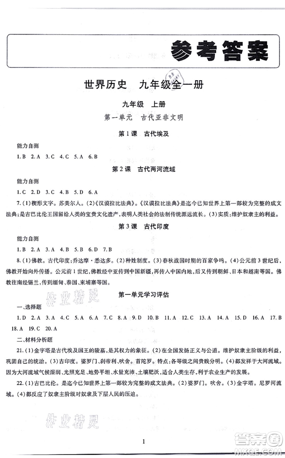 明天出版社2021智慧學(xué)習(xí)導(dǎo)學(xué)練九年級(jí)歷史全一冊人教版答案