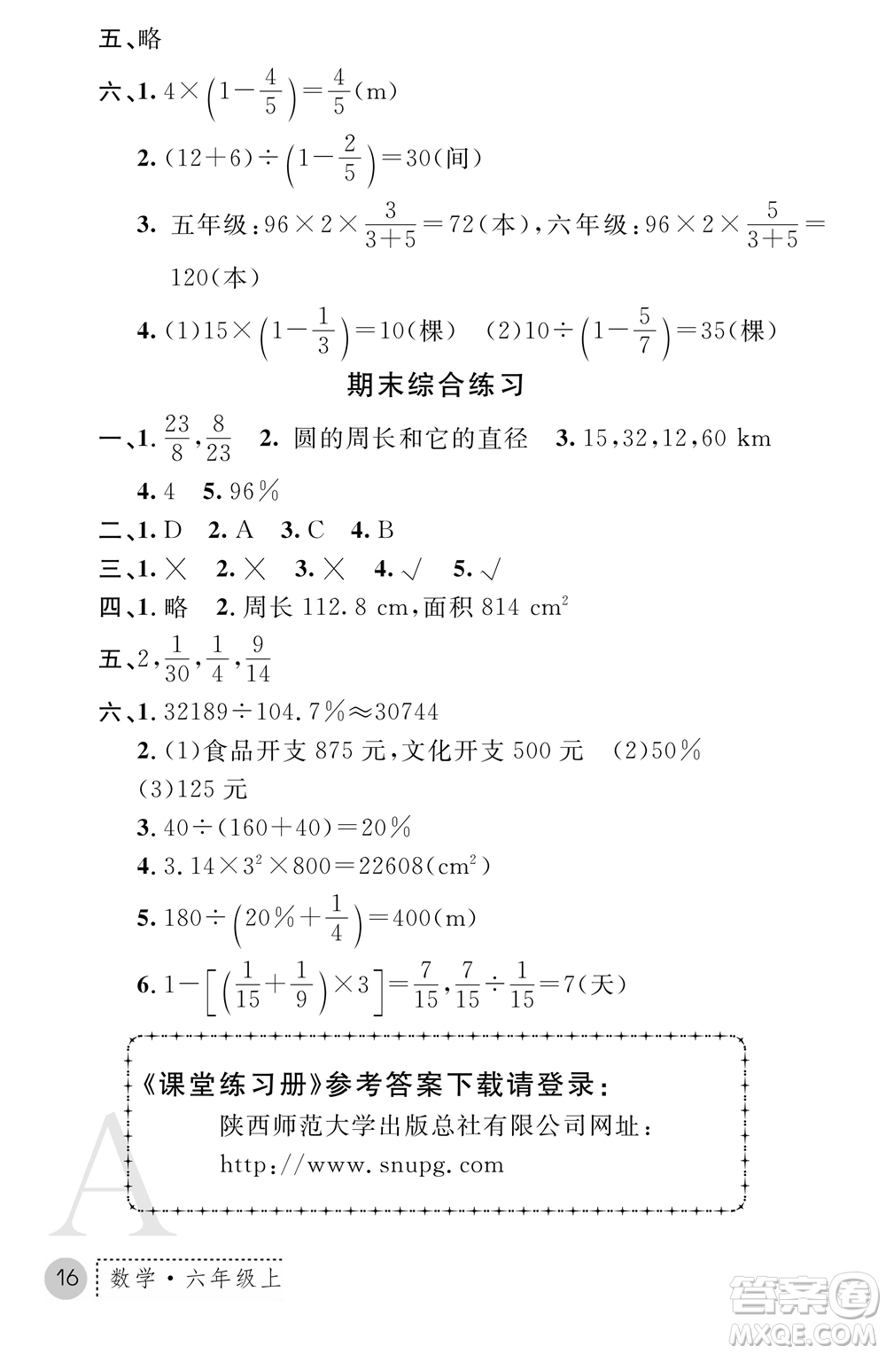 陜西師范大學(xué)出版總社2021課堂練習(xí)冊(cè)六年級(jí)數(shù)學(xué)上冊(cè)A人教版答案