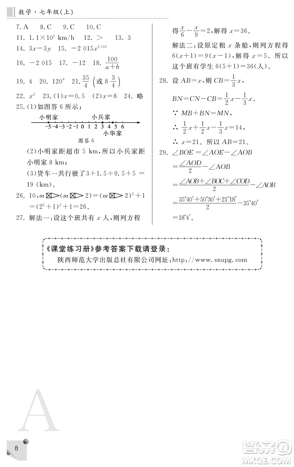 陜西師范大學(xué)出版總社2021課堂練習(xí)冊七年級數(shù)學(xué)上冊A人教版答案