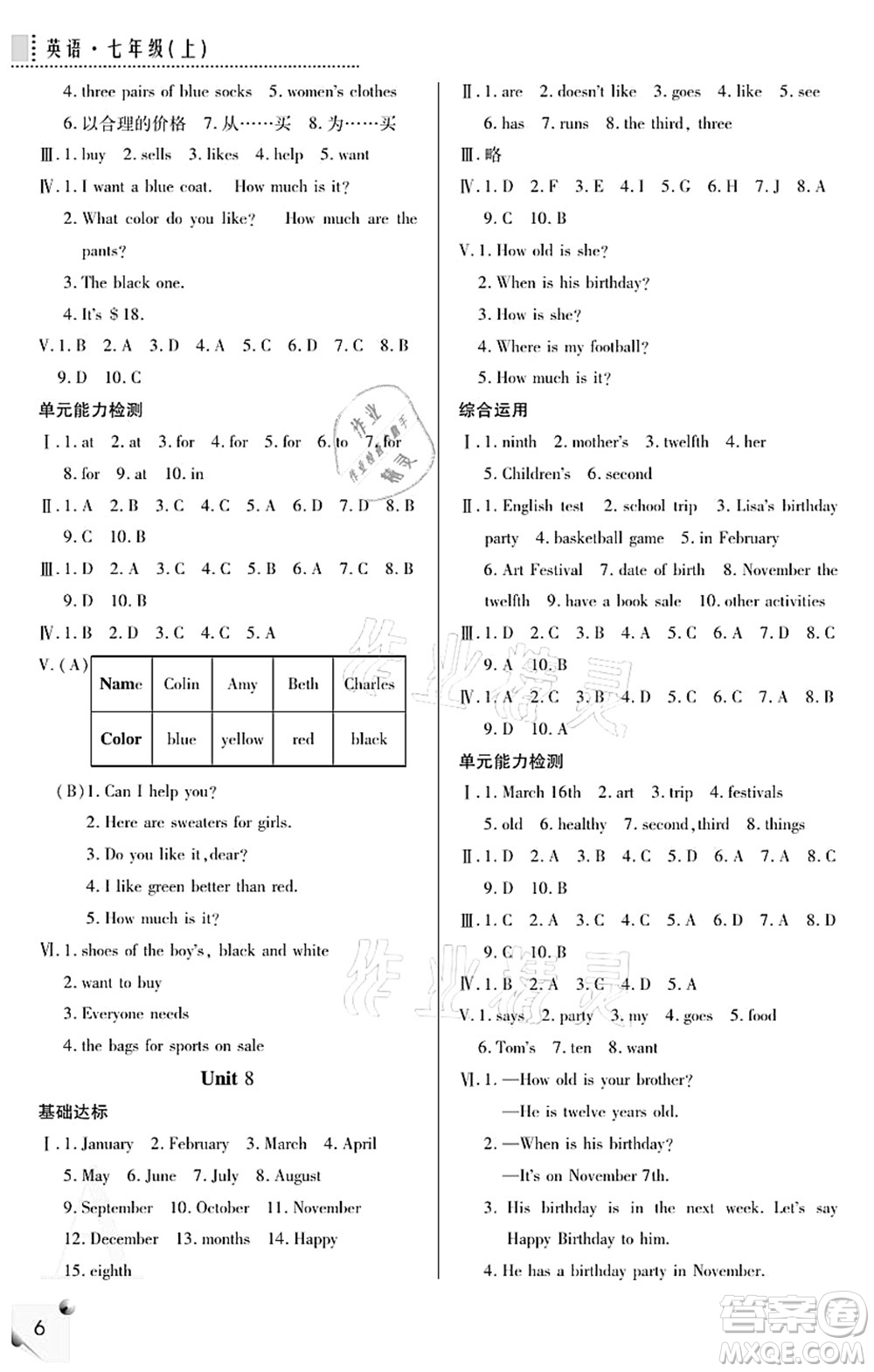 陜西人民教育出版社2021課堂練習(xí)冊七年級英語上冊A人教版答案