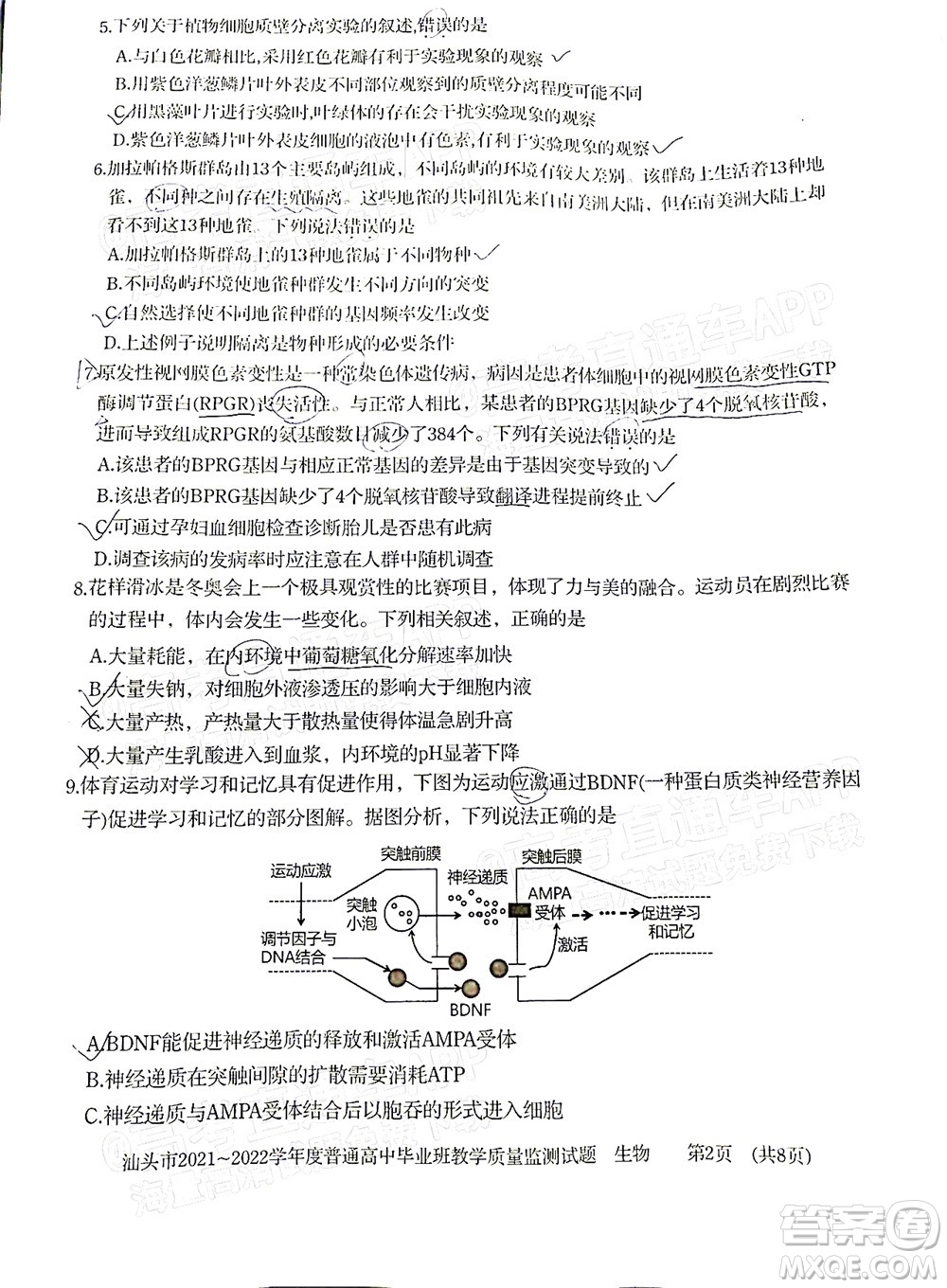 汕頭市2021-2022學(xué)年度普通高中畢業(yè)班教學(xué)質(zhì)量監(jiān)測(cè)試題生物答案