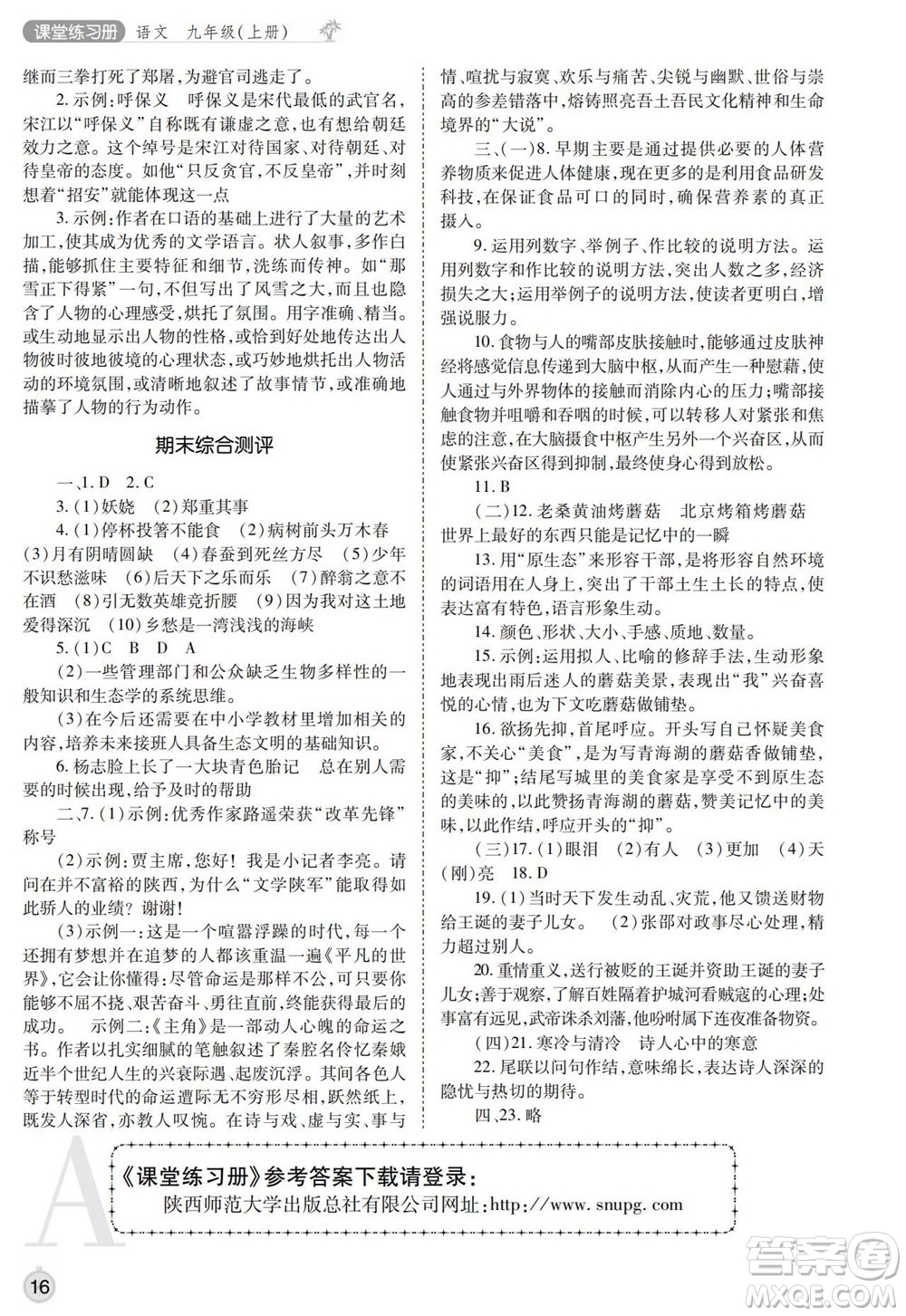 陜西師范大學(xué)出版總社2021課堂練習(xí)冊(cè)九年級(jí)語文上冊(cè)A人教版答案