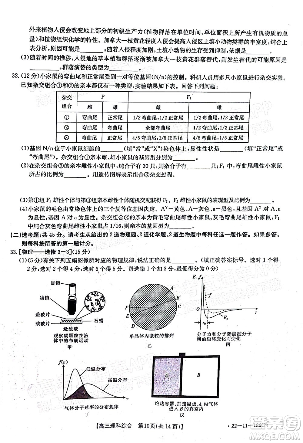 2021-2022年度河南省第五次高三聯(lián)考理科綜合試題及答案