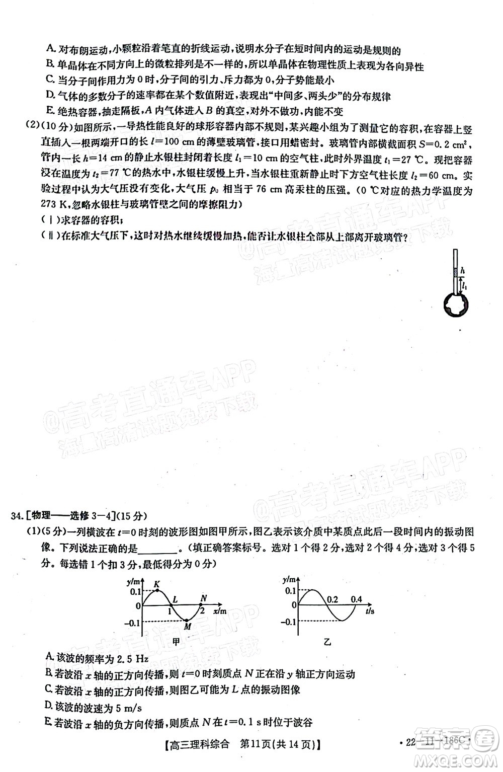 2021-2022年度河南省第五次高三聯(lián)考理科綜合試題及答案