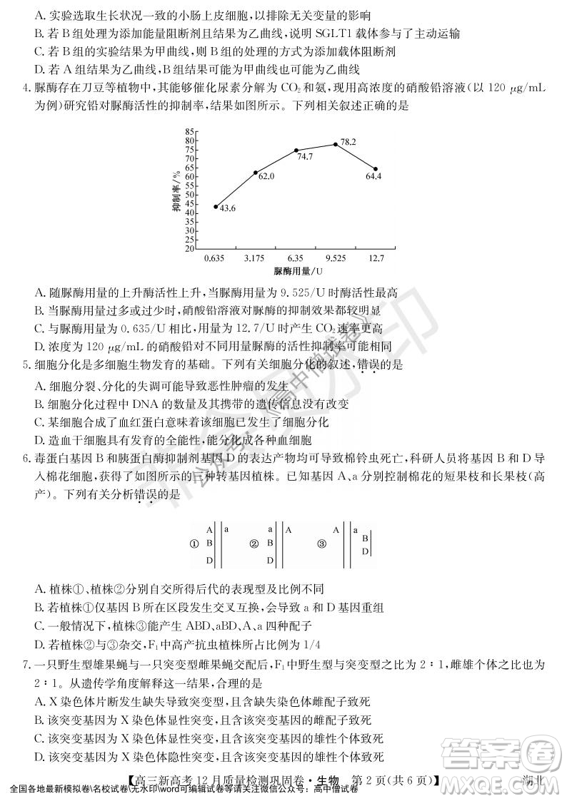 九師聯(lián)盟2021-2022學年高三新高考12月質量檢測鞏固卷湖北卷生物試題及答案