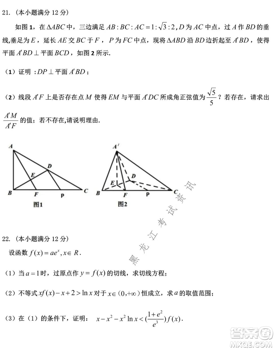 哈爾濱市第九中學(xué)2021-2022學(xué)年度上學(xué)期期末考試高三理科數(shù)學(xué)試題及答案