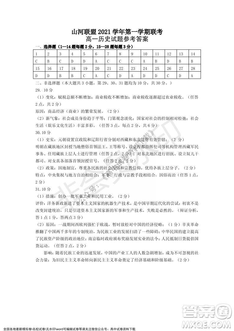 2021年浙江山河聯(lián)盟高一上學(xué)期12月聯(lián)考?xì)v史試題及答案