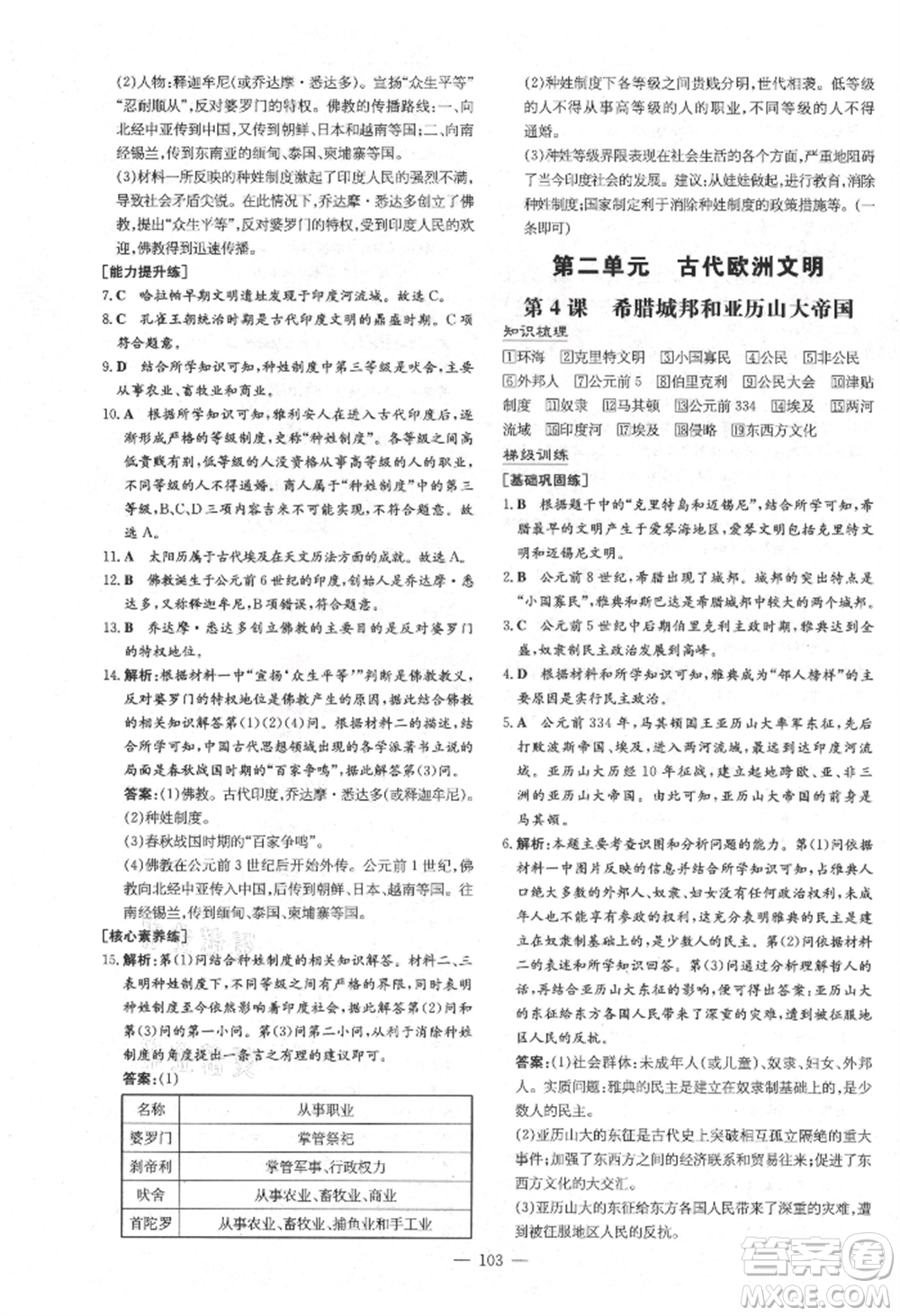 陜西人民教育出版社2021練案五四學(xué)制八年級歷史上冊人教版參考答案