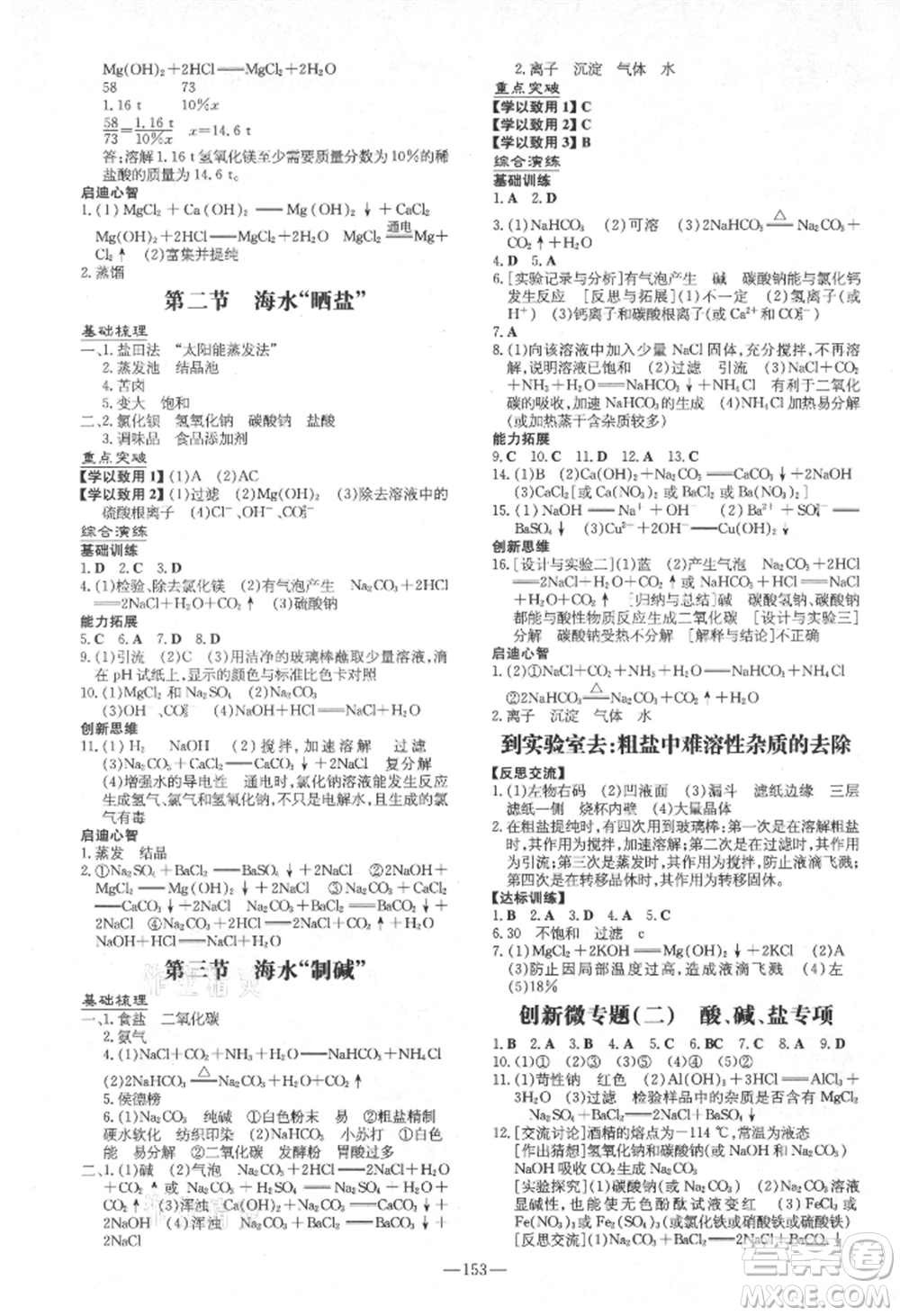 陜西人民教育出版社2021練案五四學(xué)制九年級化學(xué)魯教版參考答案