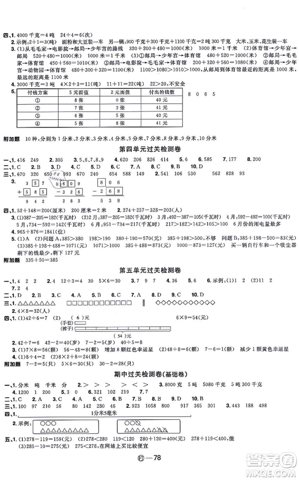 福建少年兒童出版社2021陽(yáng)光同學(xué)一線名師全優(yōu)好卷三年級(jí)數(shù)學(xué)上冊(cè)RJ人教版福建專(zhuān)版答案