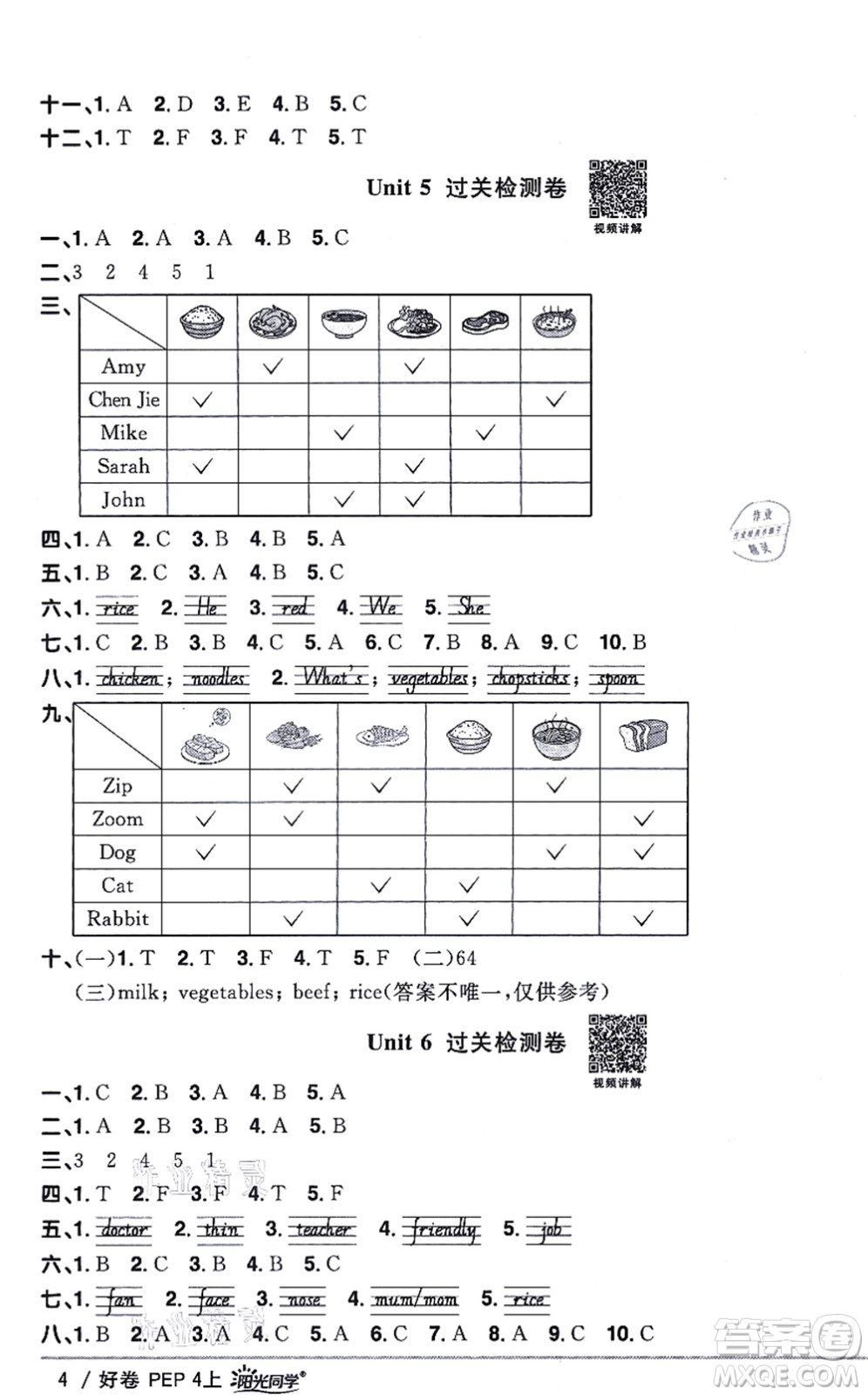 江西教育出版社2021陽光同學(xué)一線名師全優(yōu)好卷四年級(jí)英語上冊(cè)PEP版答案