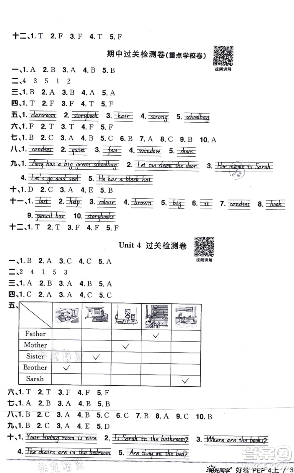 江西教育出版社2021陽光同學(xué)一線名師全優(yōu)好卷四年級(jí)英語上冊(cè)PEP版答案