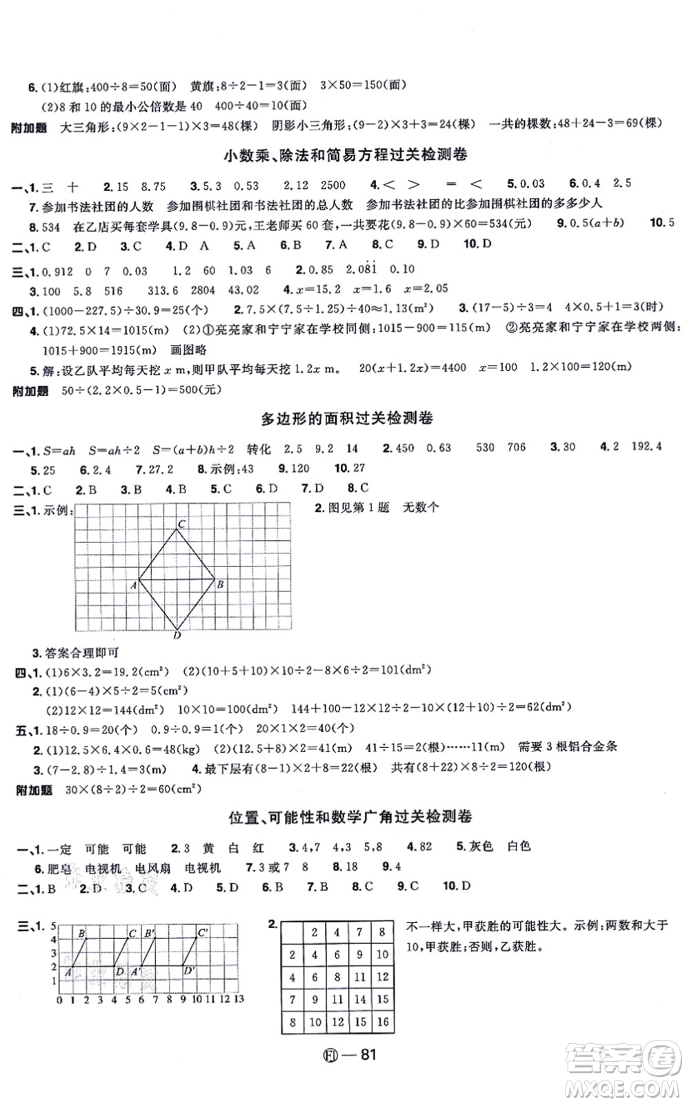 福建少年兒童出版社2021陽光同學一線名師全優(yōu)好卷五年級數(shù)學上冊RJ人教版福建專版答案