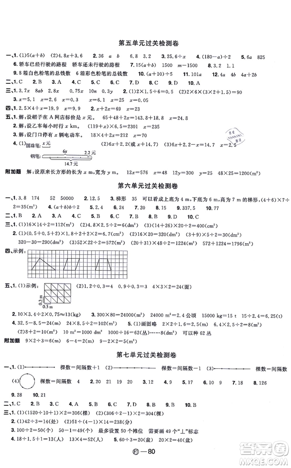 福建少年兒童出版社2021陽光同學一線名師全優(yōu)好卷五年級數(shù)學上冊RJ人教版福建專版答案