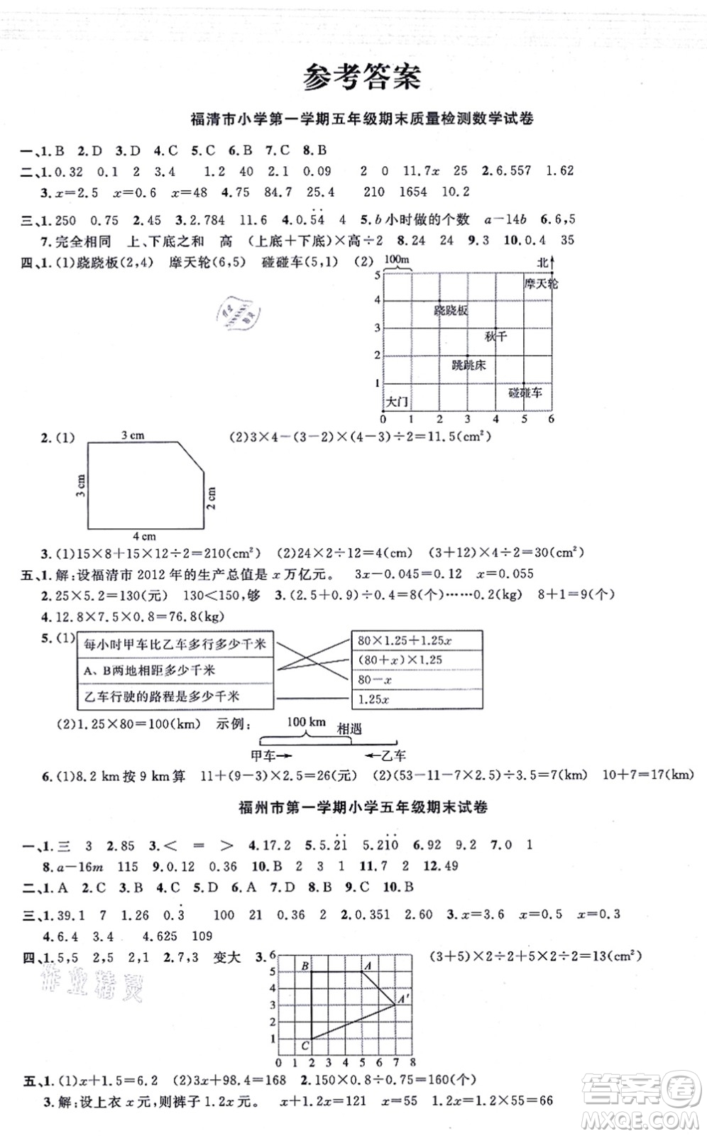 福建少年兒童出版社2021陽光同學一線名師全優(yōu)好卷五年級數(shù)學上冊RJ人教版福建專版答案