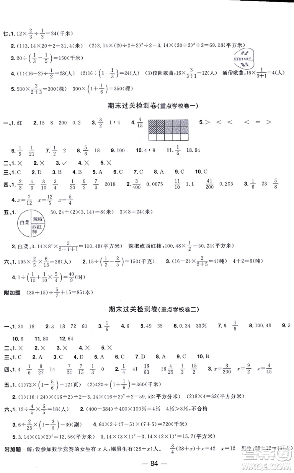 江西教育出版社2021陽光同學一線名師全優(yōu)好卷六年級數(shù)學上冊QD青島版答案