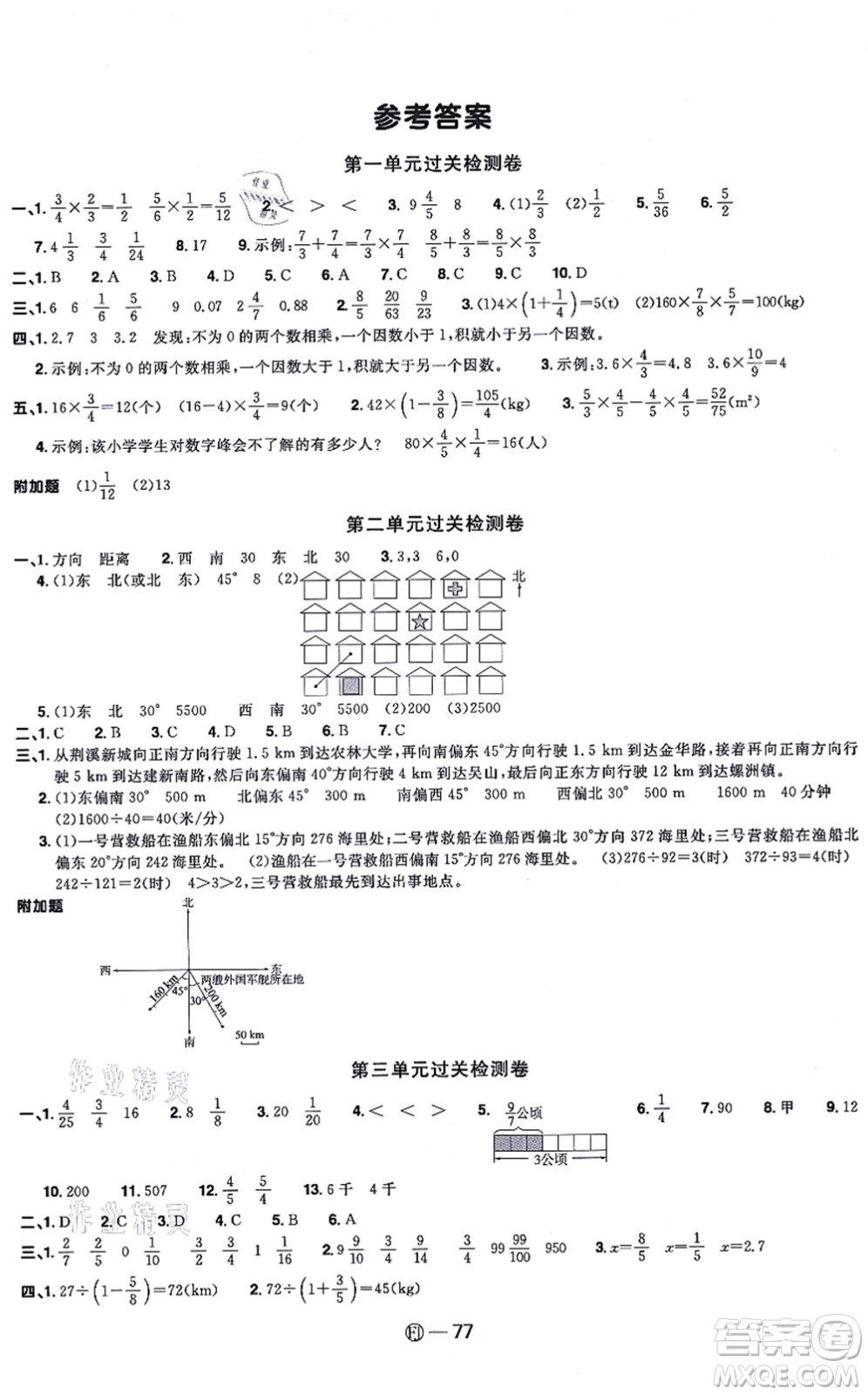 福建少年兒童出版社2021陽光同學(xué)一線名師全優(yōu)好卷六年級數(shù)學(xué)上冊RJ人教版福建專版答案