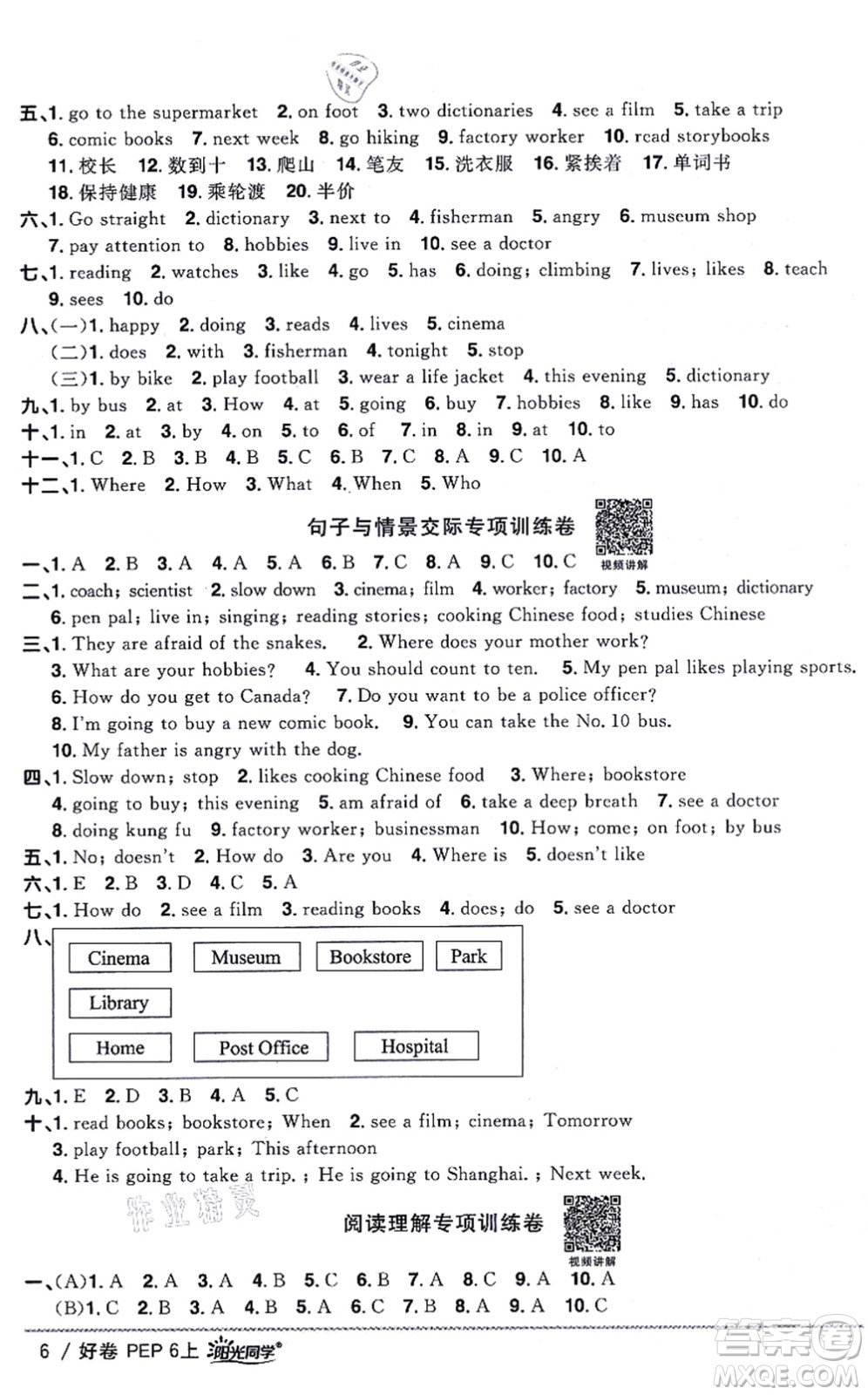 江西教育出版社2021陽光同學一線名師全優(yōu)好卷六年級英語上冊PEP版山東專版答案
