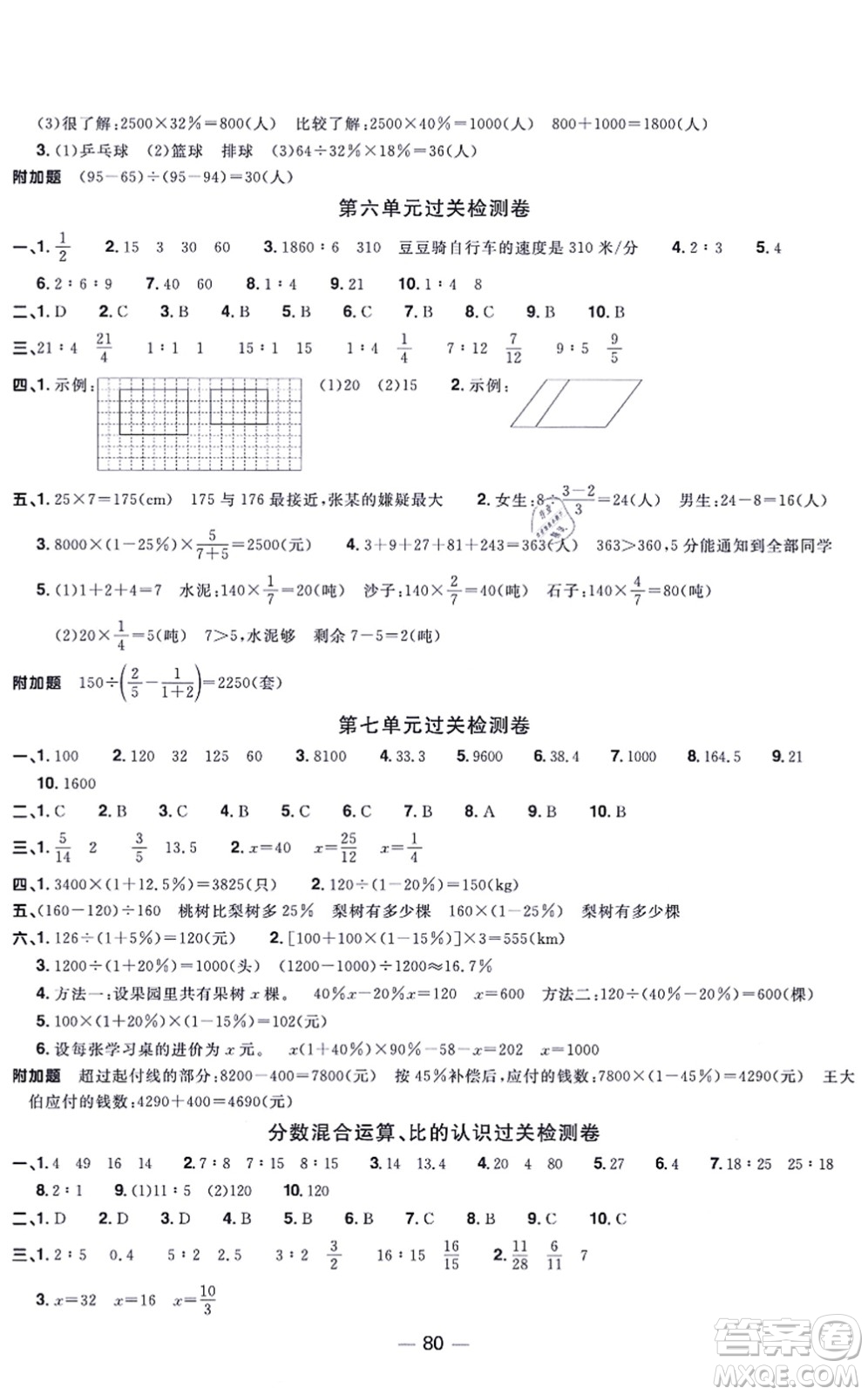 江西教育出版社2021陽光同學一線名師全優(yōu)好卷六年級數(shù)學上冊BS北師版福建專版答案