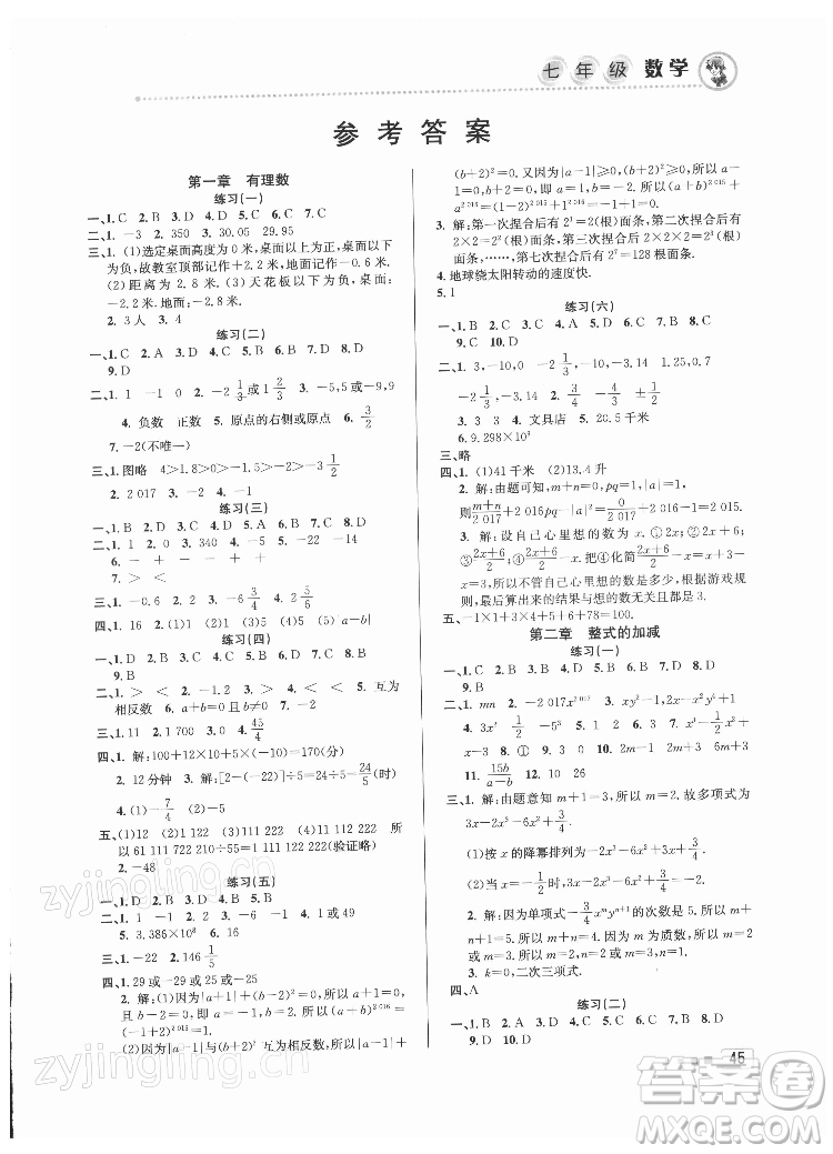 北京教育出版社2022年寒假作業(yè)七年級(jí)數(shù)學(xué)人教版參考答案