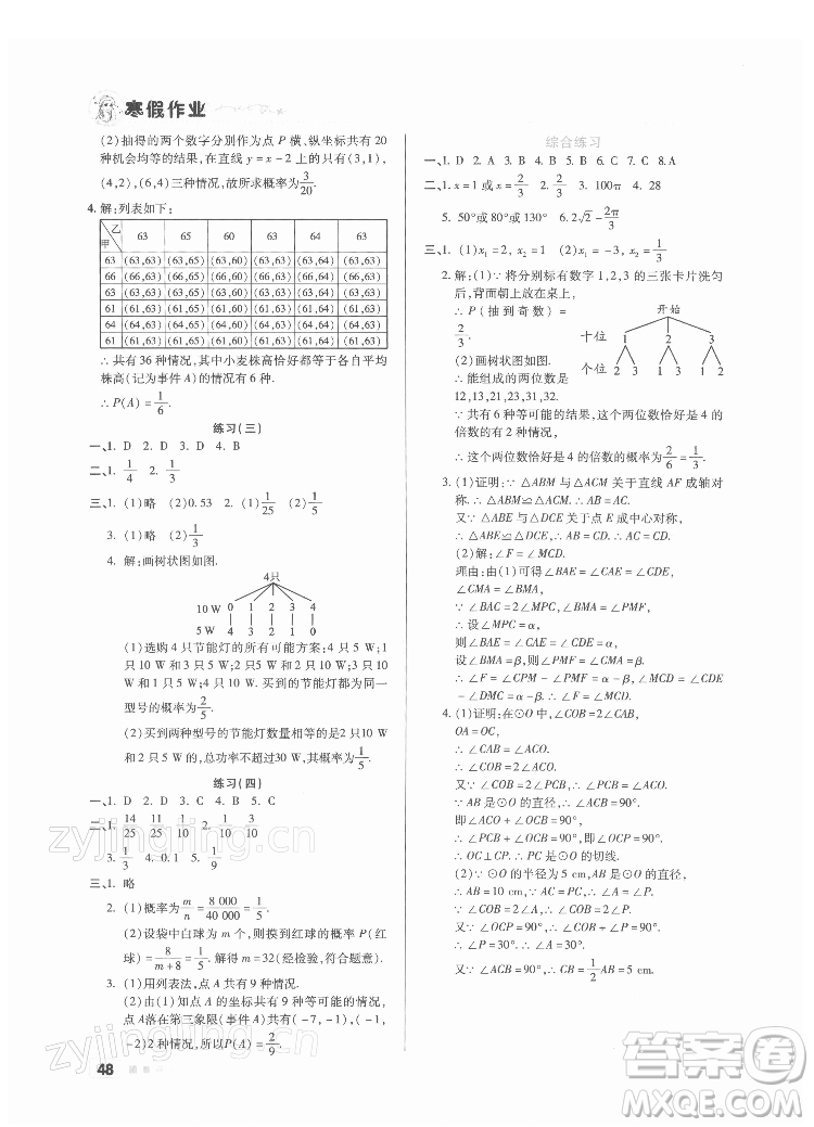 北京教育出版社2022年寒假作業(yè)九年級數(shù)學通用版參考答案