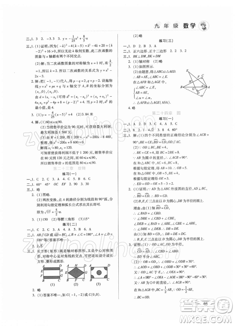 北京教育出版社2022年寒假作業(yè)九年級數(shù)學通用版參考答案