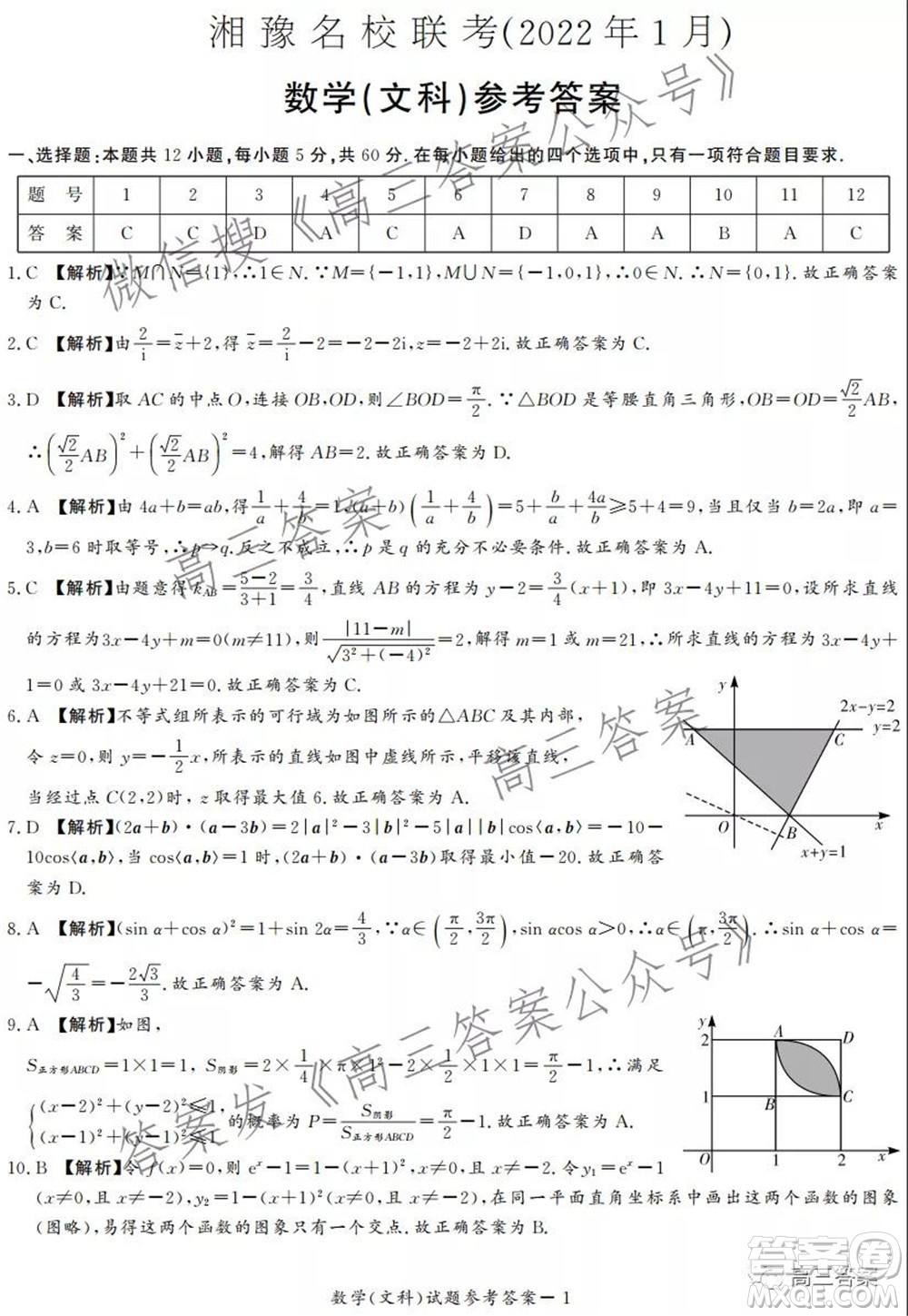 2022年1月湘豫名校聯(lián)考高三文科數(shù)學(xué)試題及答案