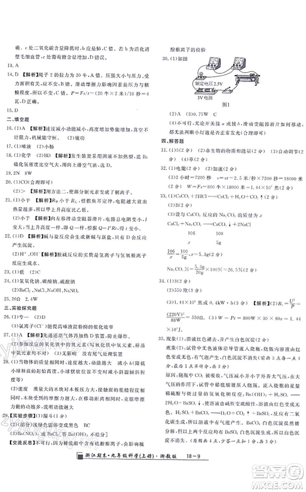 延邊人民出版社2021浙江期末九年級(jí)科學(xué)上冊(cè)浙教版答案